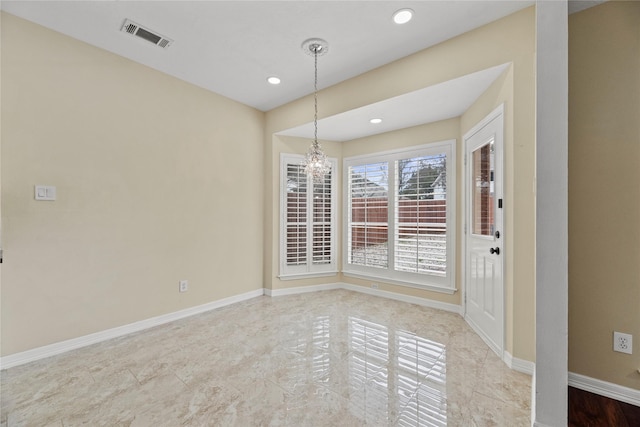 unfurnished dining area featuring an inviting chandelier, baseboards, visible vents, and recessed lighting