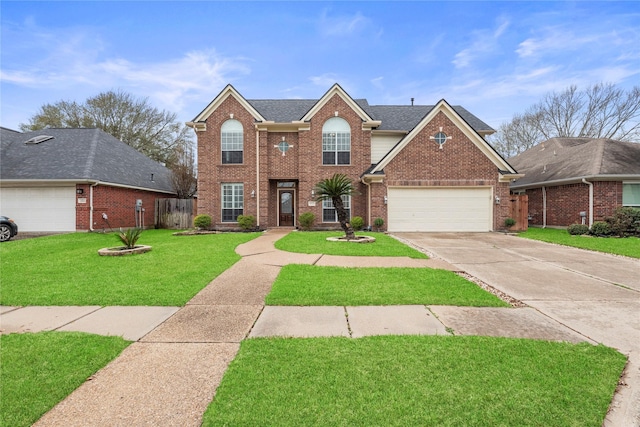 traditional-style house featuring brick siding, roof with shingles, fence, driveway, and a front lawn