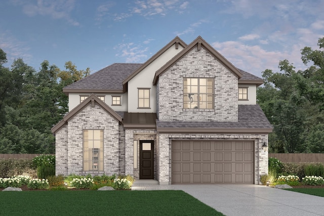 view of front of house with concrete driveway, fence, brick siding, and roof with shingles