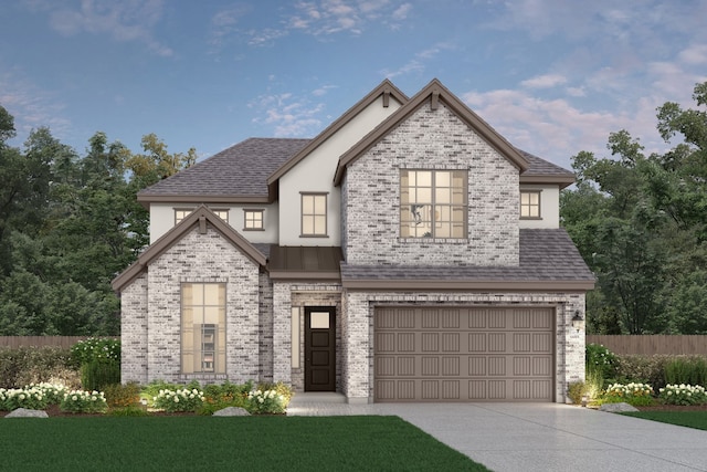 view of front of house featuring concrete driveway, an attached garage, brick siding, and fence