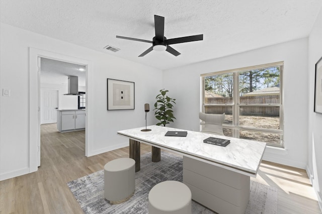 office with light wood finished floors, visible vents, a ceiling fan, a textured ceiling, and baseboards