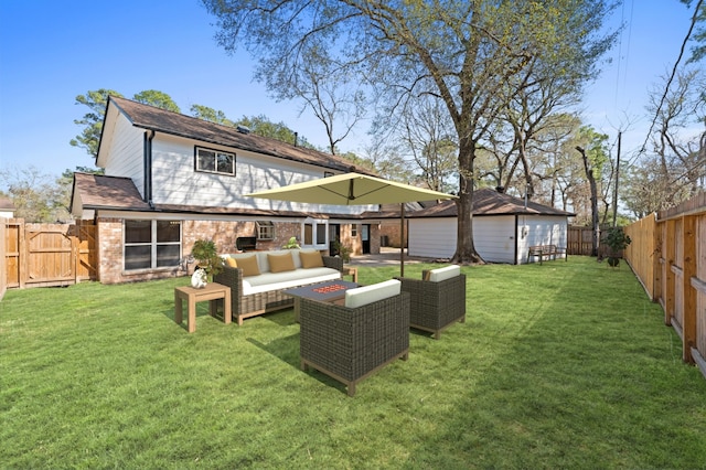 rear view of property featuring a fenced backyard, an outdoor living space, a lawn, and brick siding