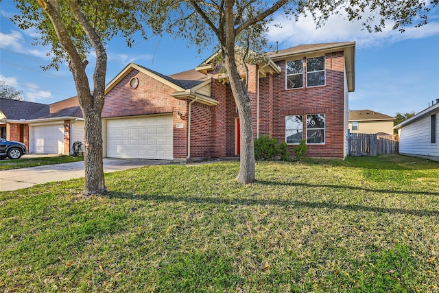 traditional-style home with an attached garage, brick siding, fence, concrete driveway, and a front lawn