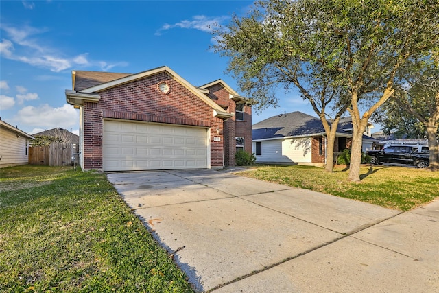 view of front of home with an attached garage, a front lawn, concrete driveway, and brick siding