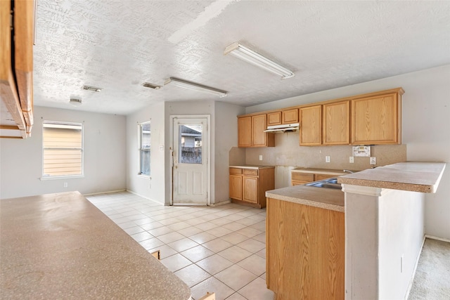 kitchen featuring light tile patterned floors, visible vents, a sink, under cabinet range hood, and backsplash