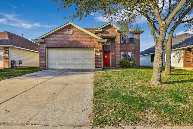 traditional home with a garage, a front yard, brick siding, and driveway