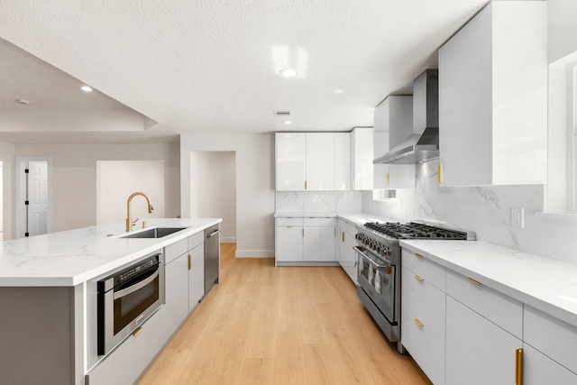 kitchen featuring a sink, appliances with stainless steel finishes, light wood-type flooring, wall chimney exhaust hood, and tasteful backsplash