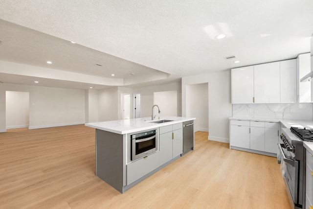 kitchen featuring stainless steel appliances, light wood-type flooring, a sink, and backsplash