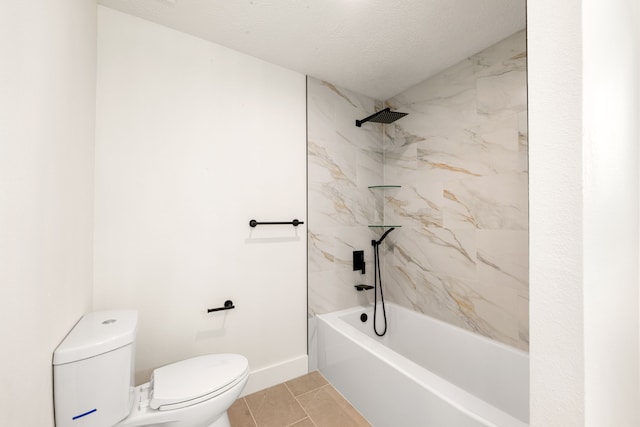 bathroom featuring a textured ceiling, bathtub / shower combination, toilet, and baseboards