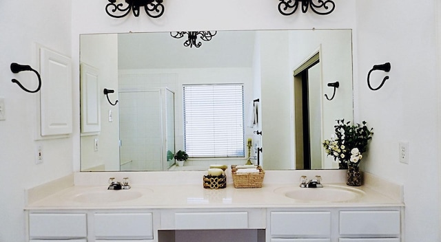 full bathroom featuring double vanity, a stall shower, and a sink