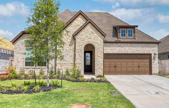 french country style house with an attached garage, brick siding, driveway, roof with shingles, and a front yard