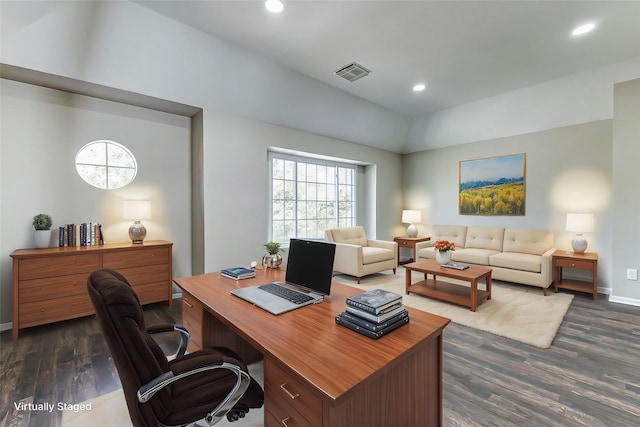 office space with baseboards, dark wood-style flooring, visible vents, and recessed lighting