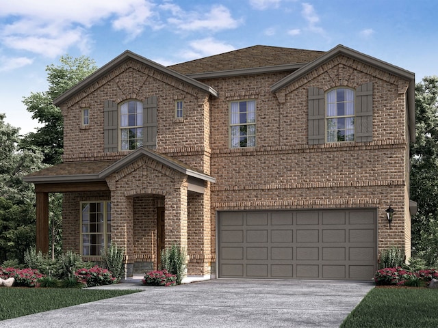 view of front of house featuring concrete driveway, brick siding, and an attached garage