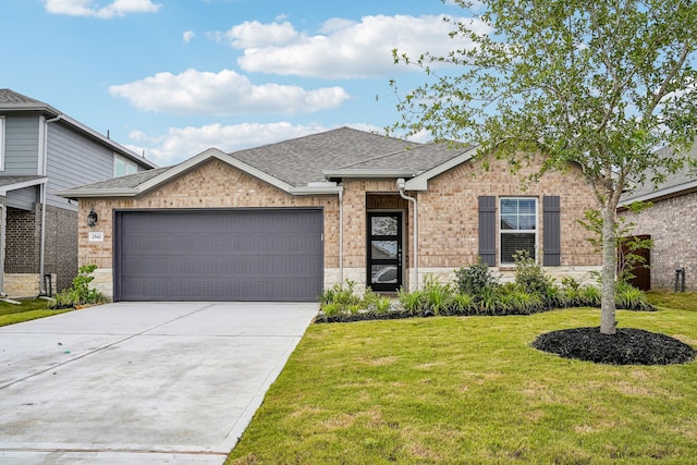 2542 Bay Winds Ln, Baytown, TX 77523 - view of front facade with a shingled roof, a front lawn, an attached garage, concrete driveway, and brick siding