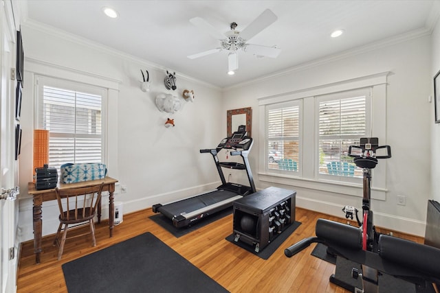 exercise area with light wood-type flooring, a wealth of natural light, and ornamental molding