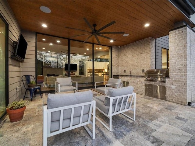 view of patio featuring a ceiling fan, grilling area, area for grilling, and an outdoor hangout area