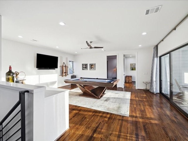 rec room with recessed lighting, visible vents, wood finished floors, and pool table