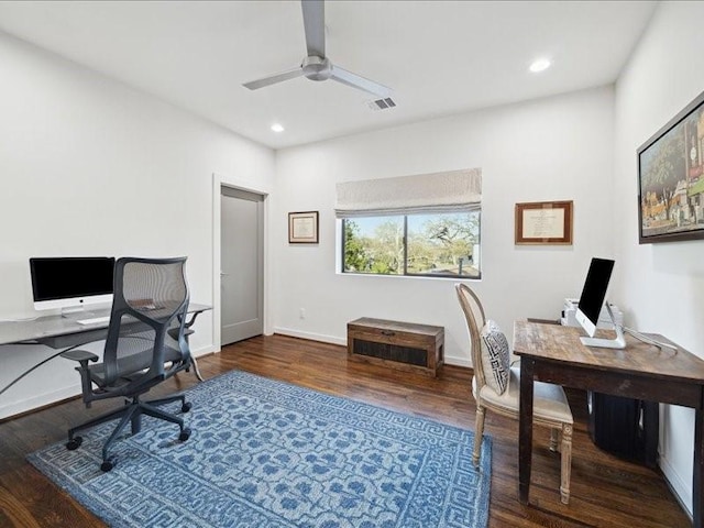 office featuring recessed lighting, wood finished floors, visible vents, and a ceiling fan