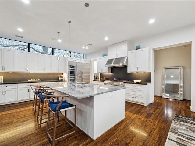 kitchen featuring under cabinet range hood, visible vents, appliances with stainless steel finishes, and dark wood finished floors