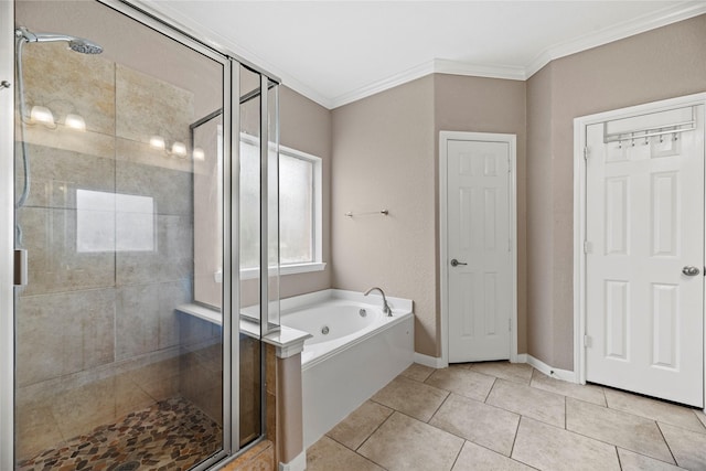 full bath featuring ornamental molding, a stall shower, tile patterned flooring, and a garden tub