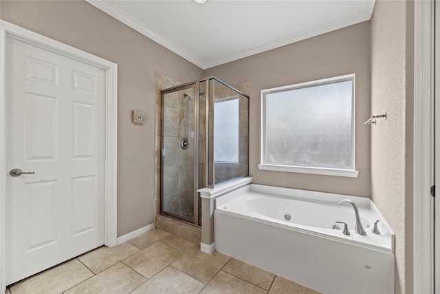 bathroom with a bath, tile patterned flooring, a shower stall, and crown molding