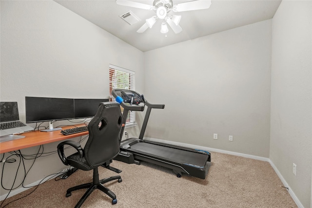 carpeted office featuring visible vents, ceiling fan, and baseboards