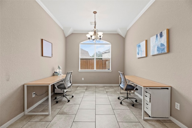 office with light tile patterned floors, a notable chandelier, baseboards, and crown molding