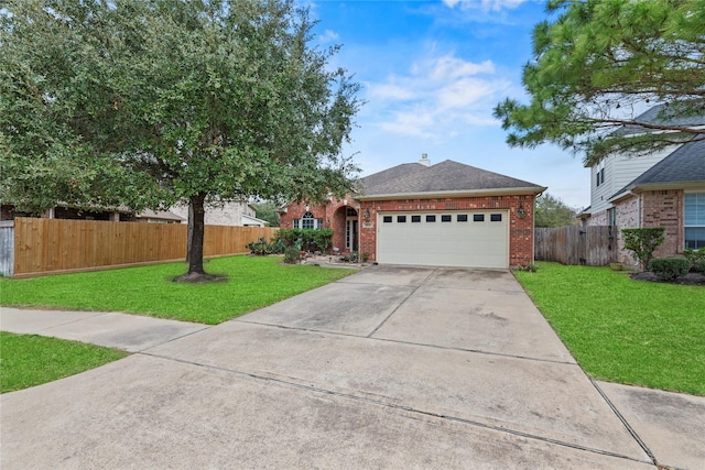 view of front facade with brick siding, concrete driveway, an attached garage, fence, and a front yard