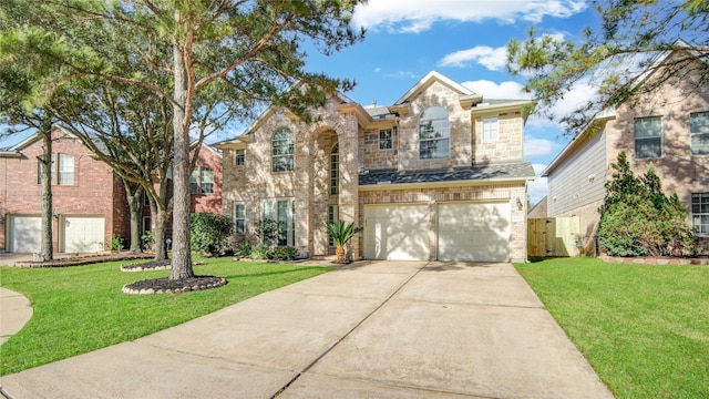 view of front of house featuring concrete driveway, a front lawn, an attached garage, and brick siding