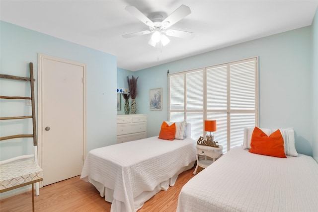 bedroom with ceiling fan and light wood finished floors