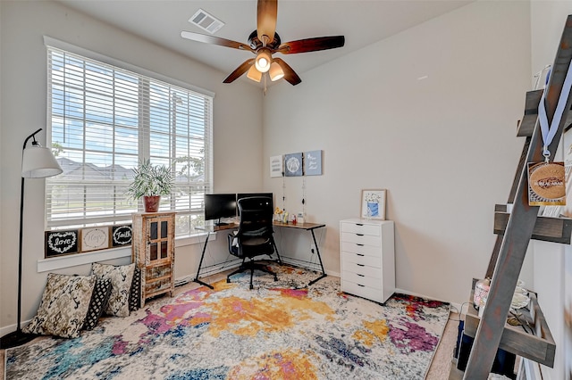 home office featuring ceiling fan, visible vents, and baseboards