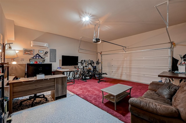 garage featuring a wall mounted AC, electric panel, and a garage door opener