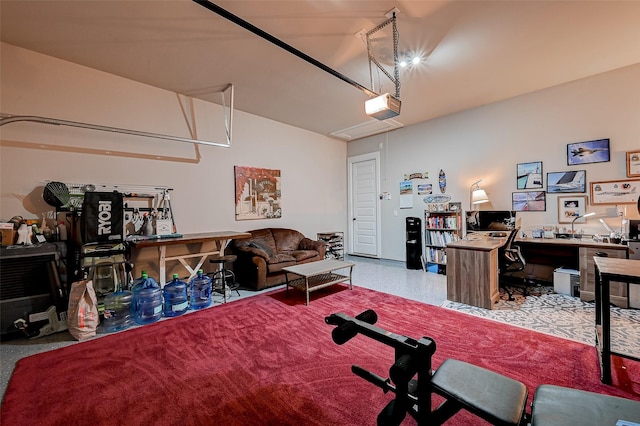 interior space featuring a garage and speckled floor