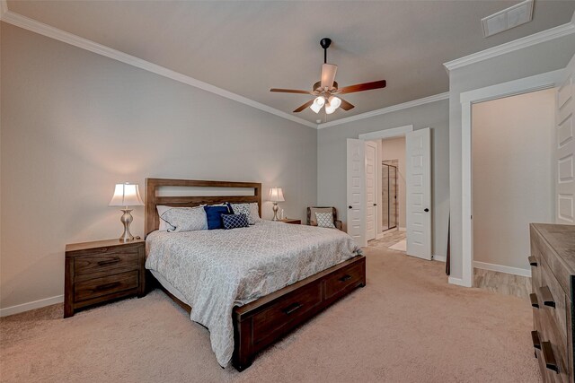 bedroom featuring baseboards, visible vents, a ceiling fan, light colored carpet, and ornamental molding