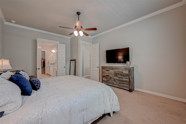 bedroom with light carpet, baseboards, a ceiling fan, and ornamental molding