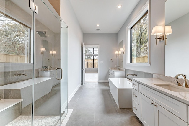 full bath featuring a freestanding tub, two vanities, a sink, and a shower stall