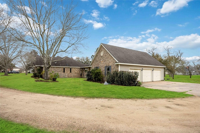 view of property exterior with brick siding, a lawn, a garage, and roof with shingles