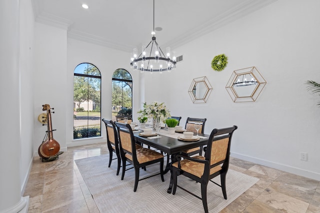 dining area featuring visible vents, baseboards, a chandelier, ornamental molding, and recessed lighting