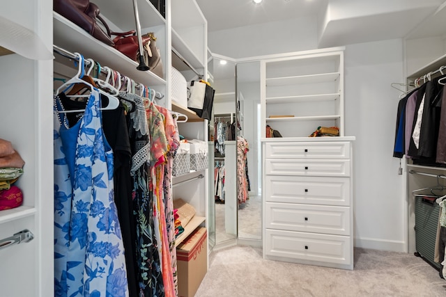 walk in closet with light carpet