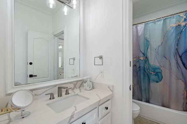 bathroom featuring vanity, toilet, shower / bathtub combination with curtain, and ornamental molding