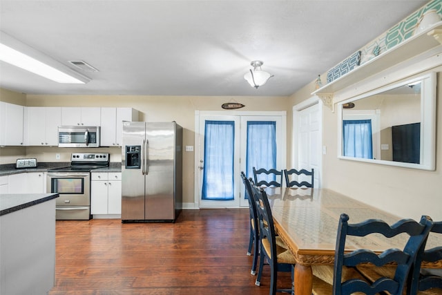 kitchen featuring visible vents, white cabinets, dark countertops, dark wood-style floors, and appliances with stainless steel finishes