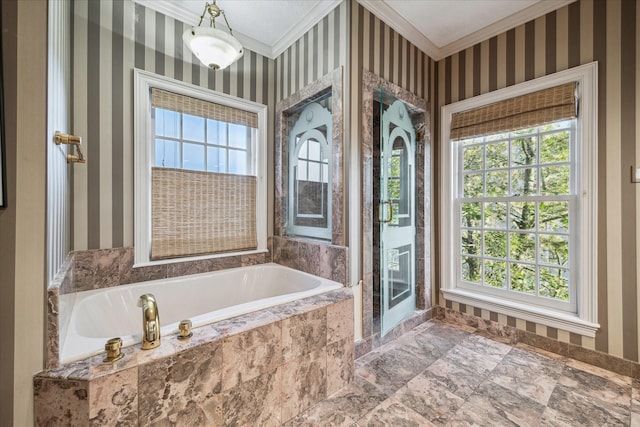 full bathroom featuring wallpapered walls, a shower with door, a garden tub, and crown molding