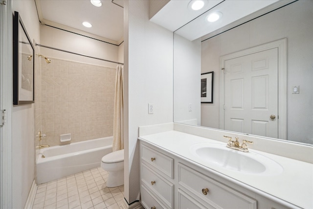 full bathroom featuring recessed lighting, shower / bathtub combination with curtain, toilet, vanity, and tile patterned floors