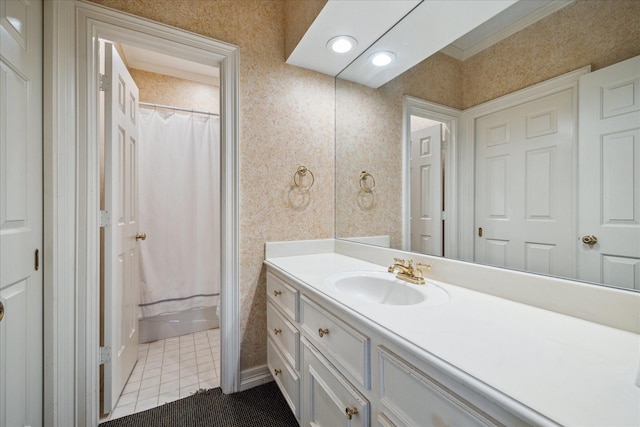 full bath featuring shower / tub combo with curtain, tile patterned flooring, vanity, and wallpapered walls