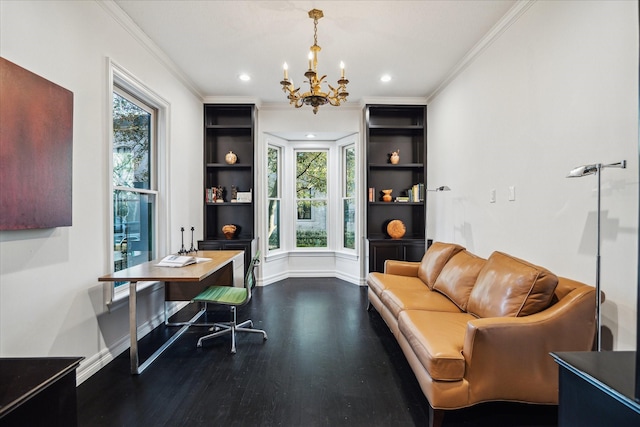 office area with dark wood-style floors, ornamental molding, plenty of natural light, and baseboards