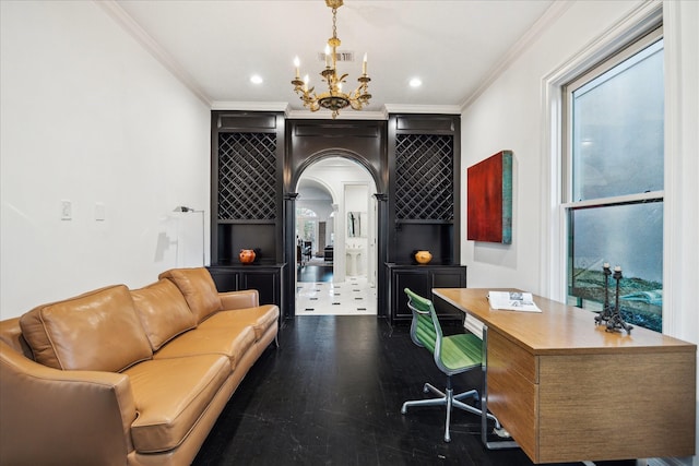 office featuring arched walkways, a chandelier, visible vents, ornamental molding, and dark wood-style floors