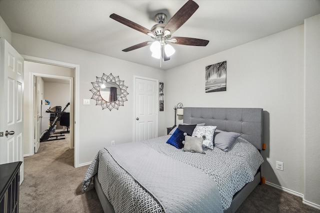 bedroom featuring carpet flooring, ceiling fan, and baseboards