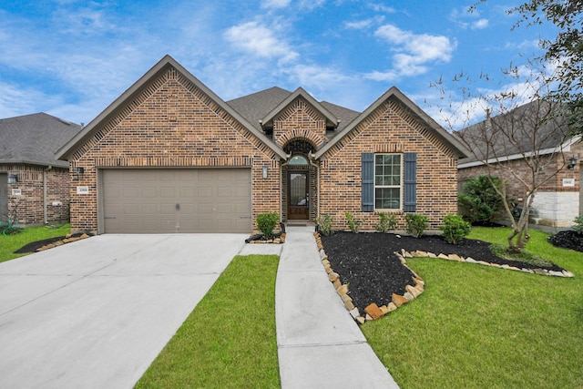 view of front facade featuring brick siding, concrete driveway, roof with shingles, an attached garage, and a front yard