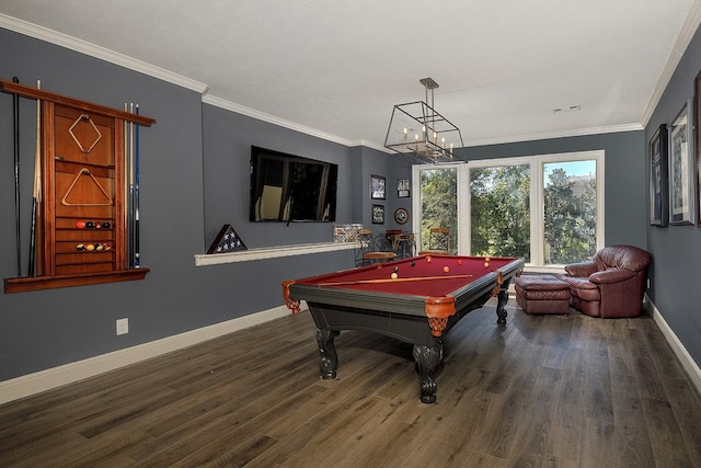 game room with billiards, wood finished floors, visible vents, baseboards, and ornamental molding