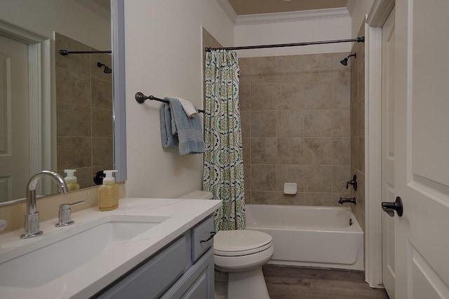 bathroom featuring toilet, crown molding, wood finished floors, vanity, and shower / bathtub combination with curtain